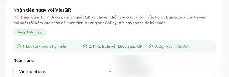 Khối Nhận tiền ngay với VietQR trong trang Vận chuyển và thanh toán của Webtown